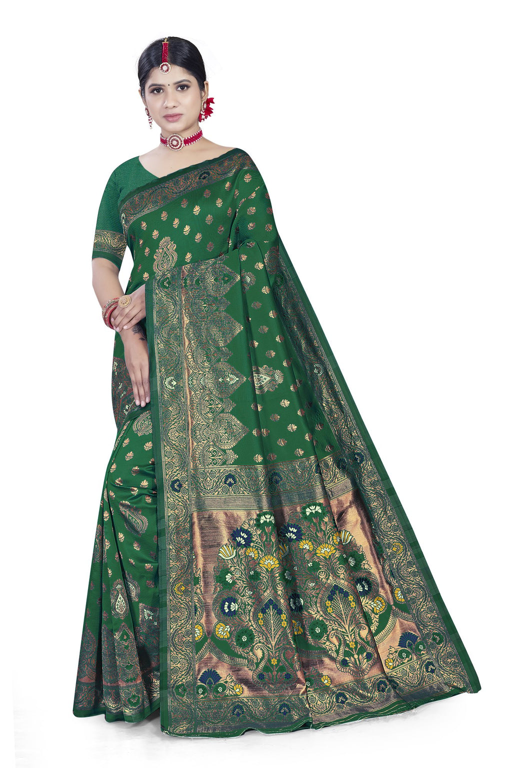 Paithani-style Art Silk Jacquard Saree with Peacock Pallu – Green