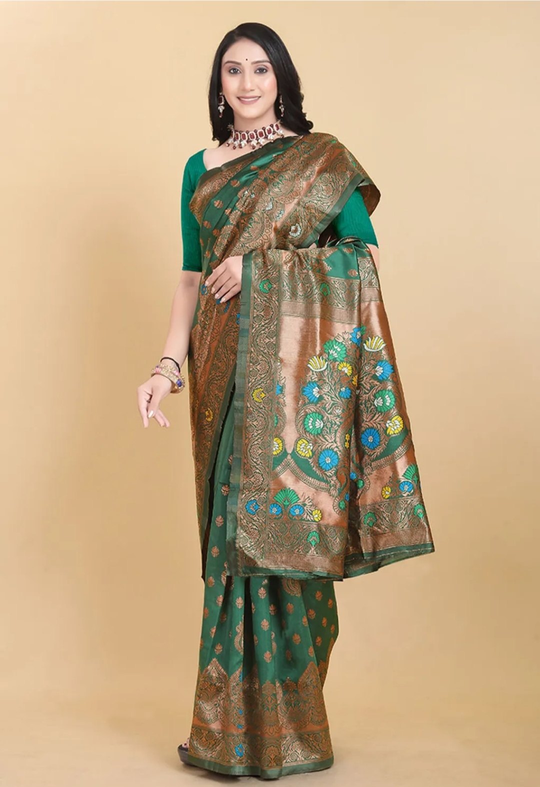 Paithani-style Art Silk Jacquard Saree with Peacock Pallu – Green