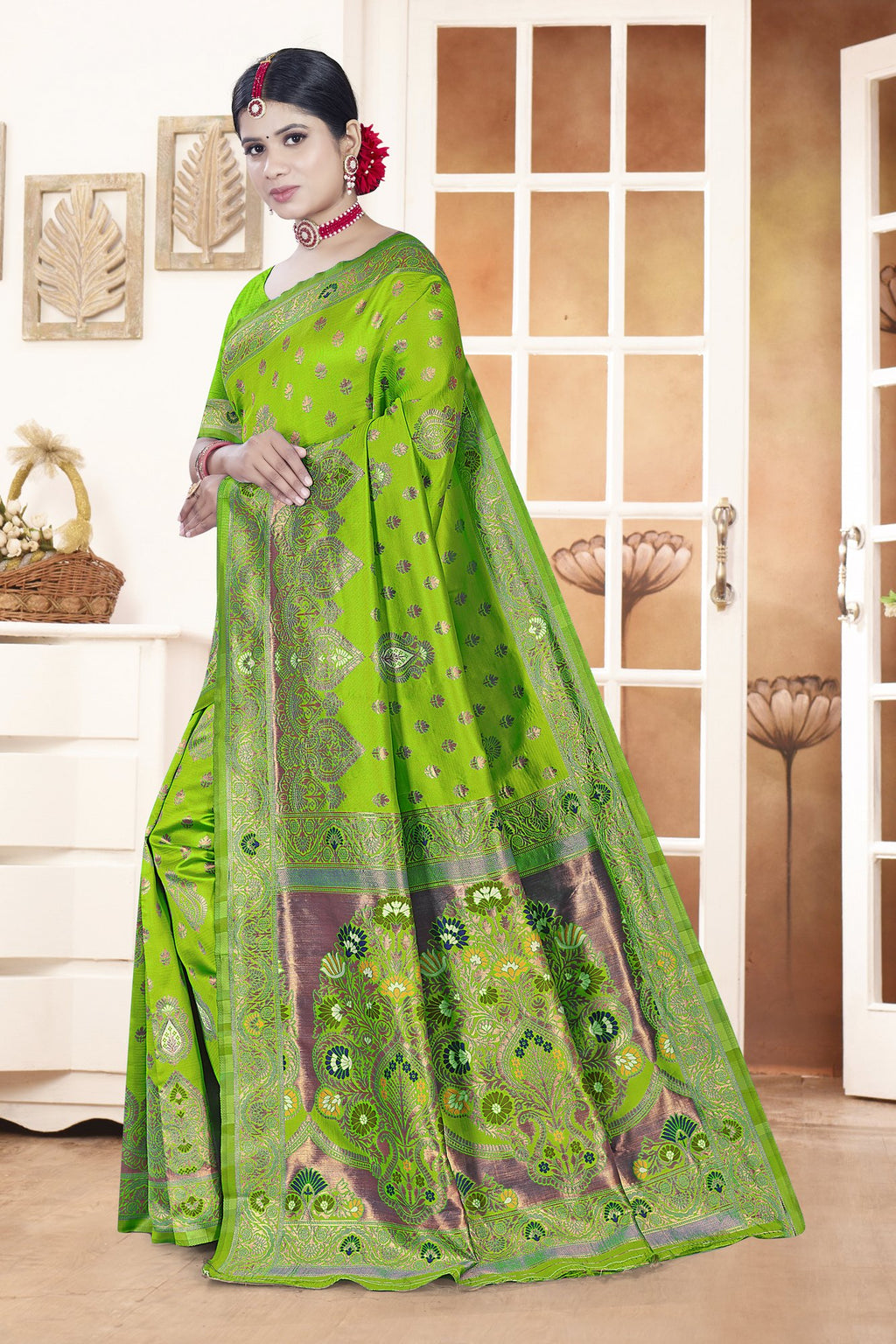 Paithani-style Art Silk Jacquard Saree with Peacock Pallu – Parrot Green