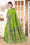 Paithani-style Art Silk Jacquard Saree with Peacock Pallu – Parrot Green