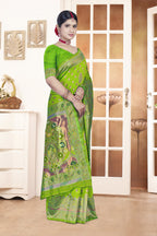 Paithani-style Art Silk Jacquard Saree with Peacock Pallu – Parrot Green