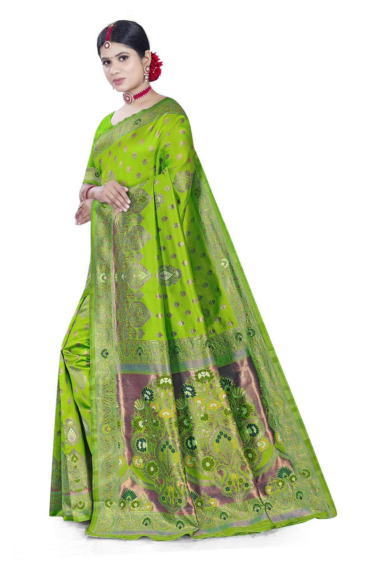 Paithani-style Art Silk Jacquard Saree with Peacock Pallu – Parrot Green
