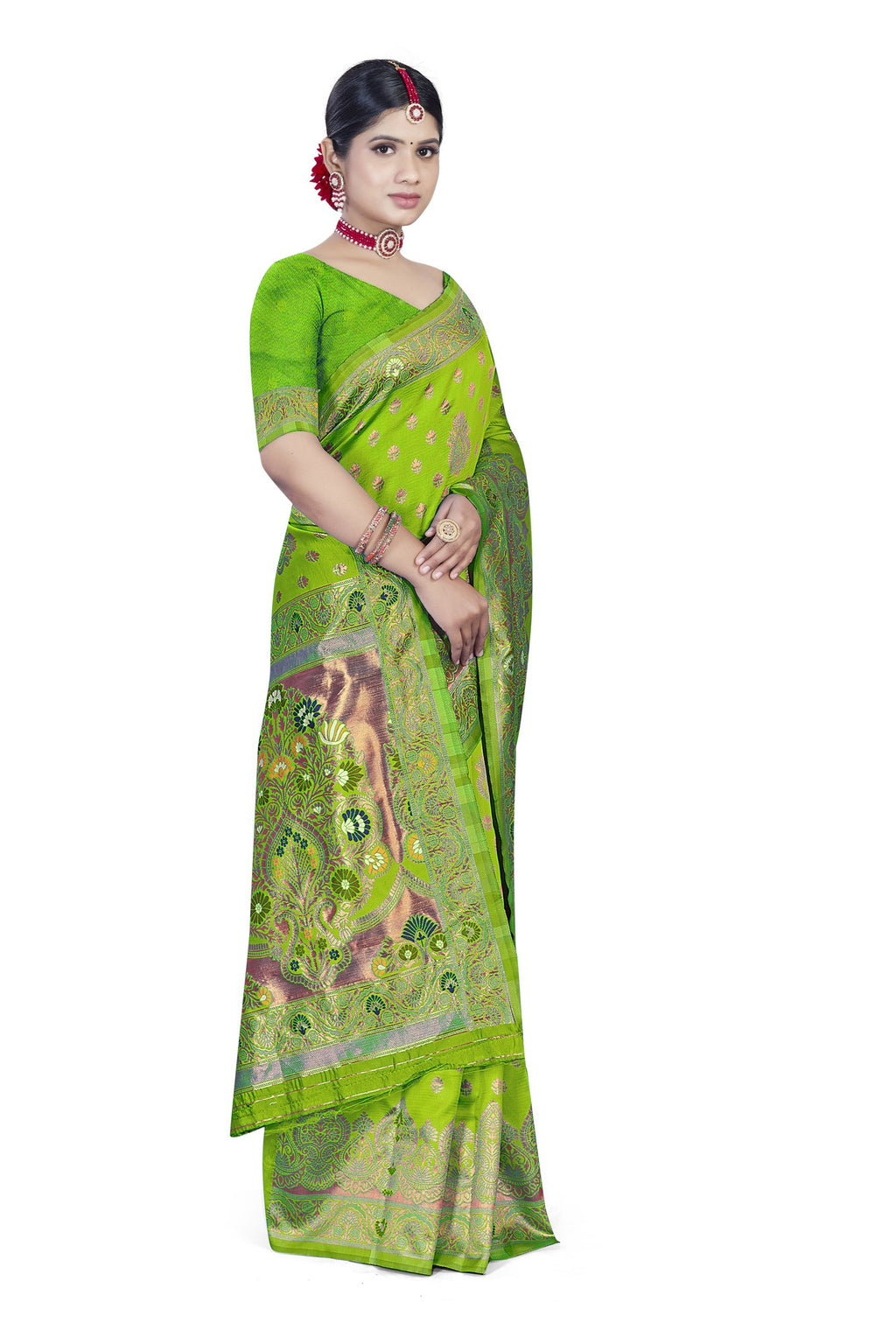 Paithani-style Art Silk Jacquard Saree with Peacock Pallu – Parrot Green