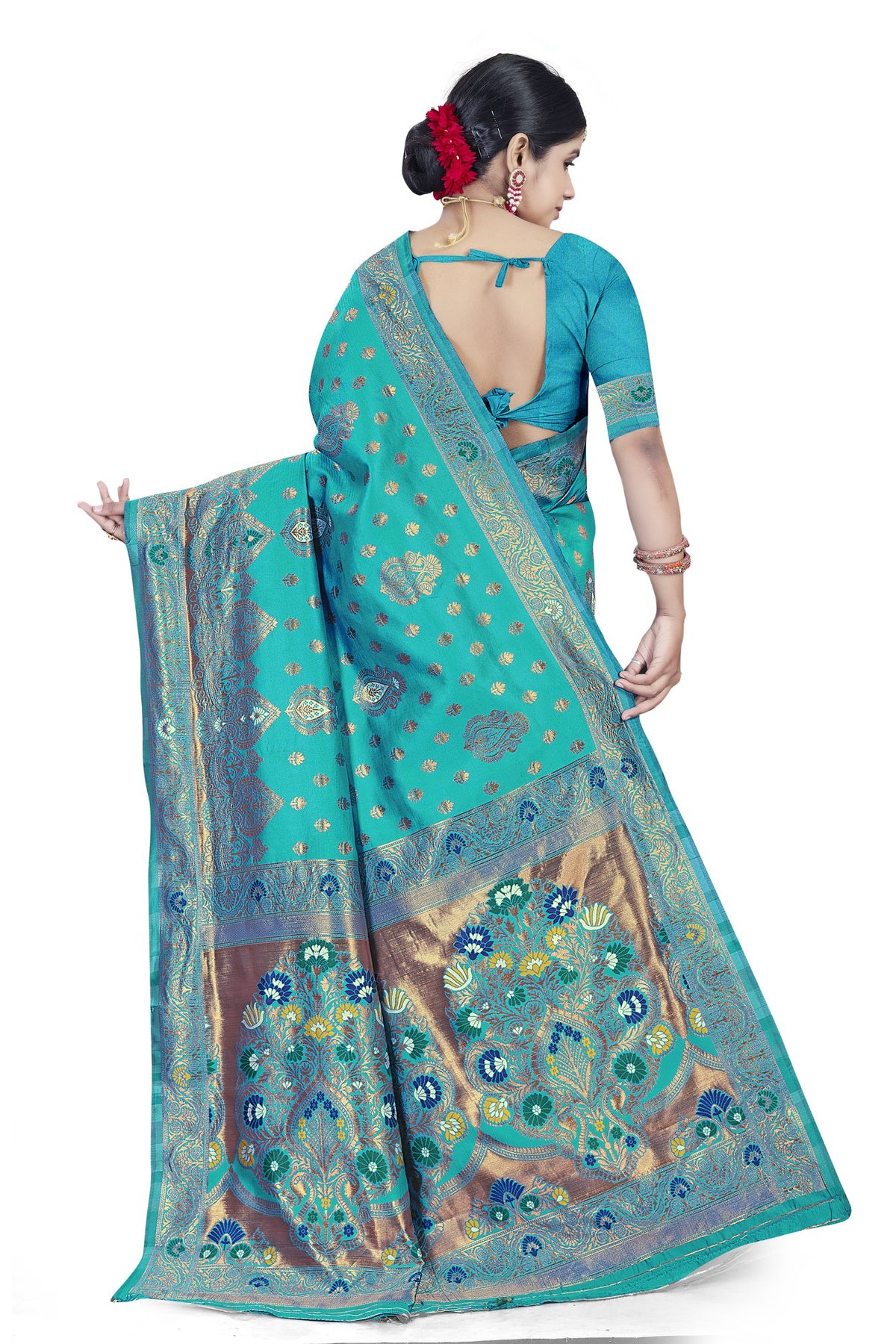 Paithani-style Art Silk Jacquard Saree with Peacock Pallu – Rama Blue