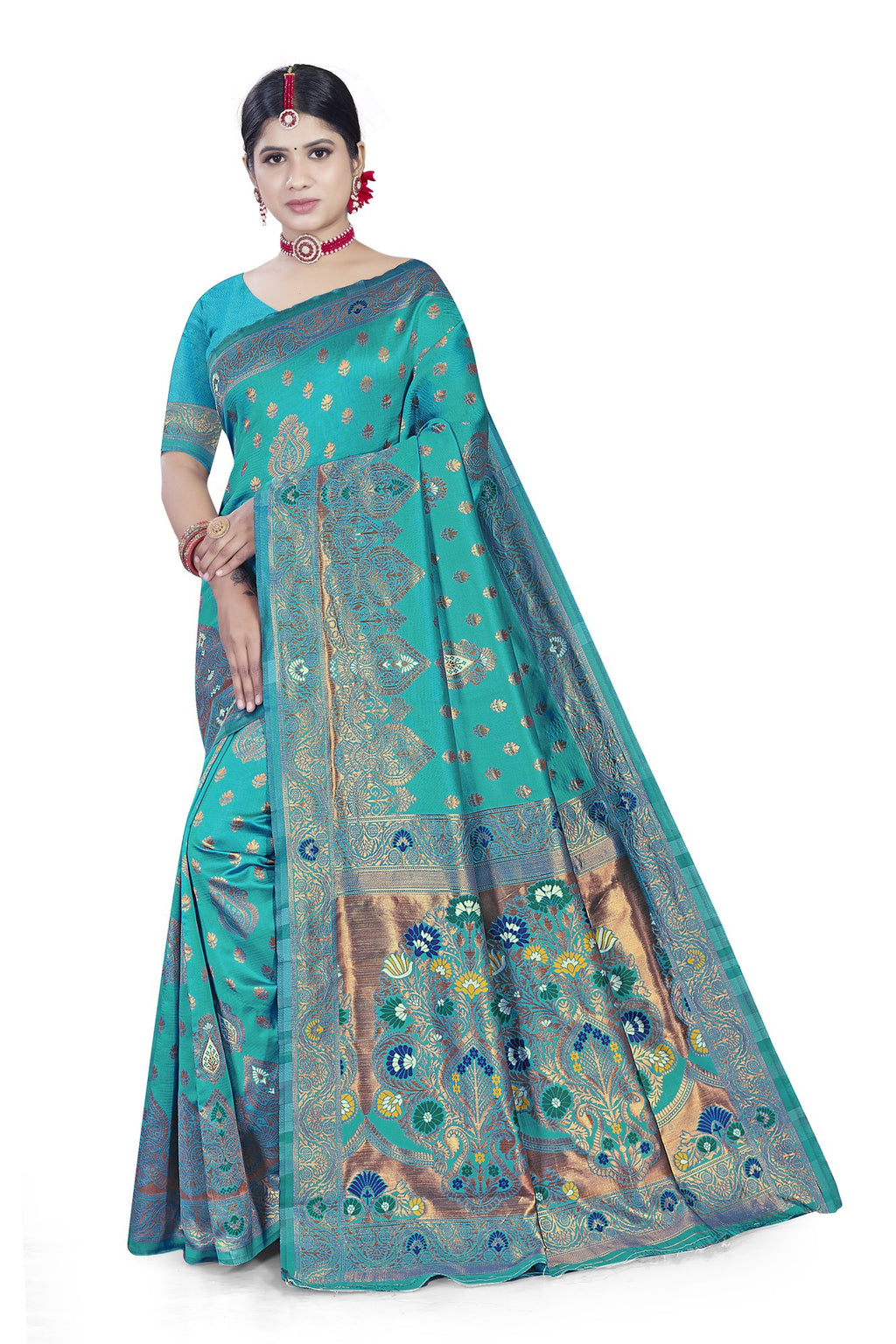 Paithani-style Art Silk Jacquard Saree with Peacock Pallu – Rama Blue