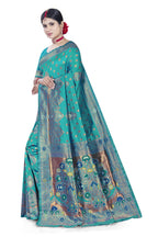 Paithani-style Art Silk Jacquard Saree with Peacock Pallu – Rama Blue