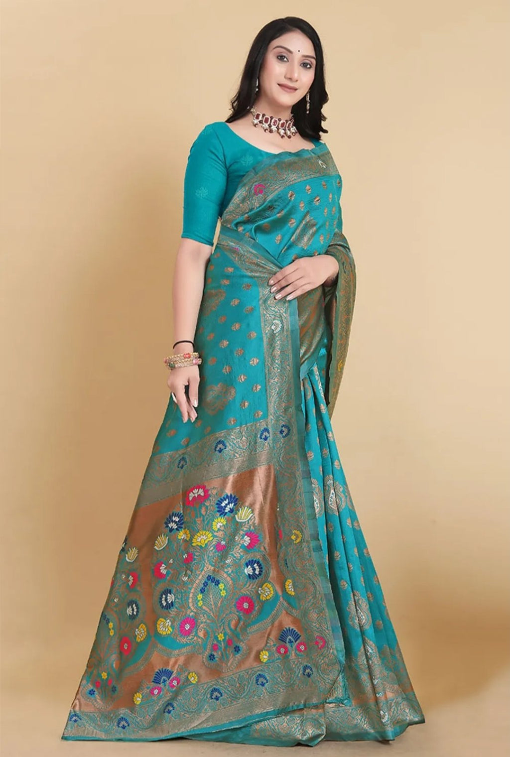 Paithani-style Art Silk Jacquard Saree with Peacock Pallu – Rama Blue