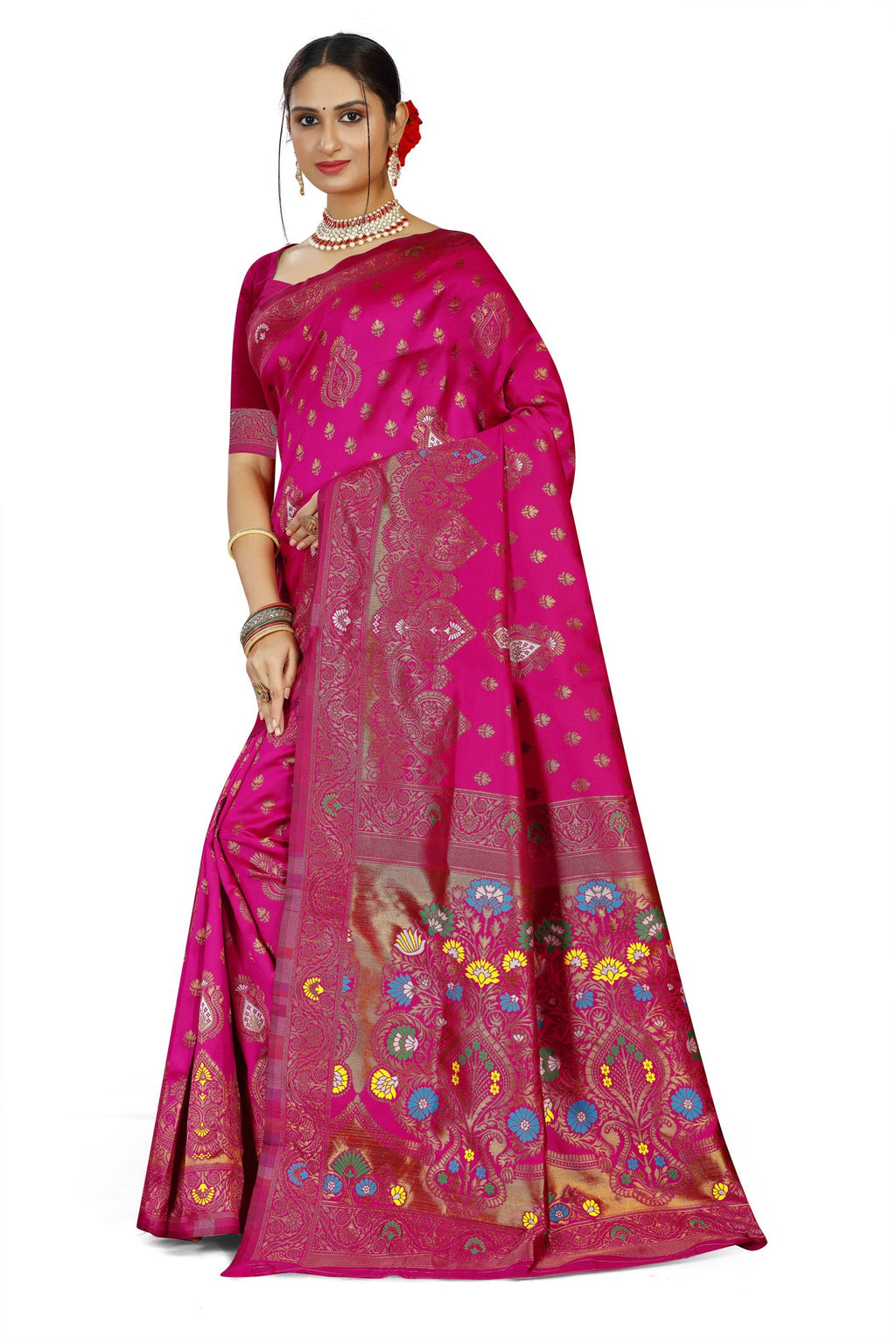 Paithani-style Art Silk Jacquard Saree with Peacock Pallu – Rani Pink