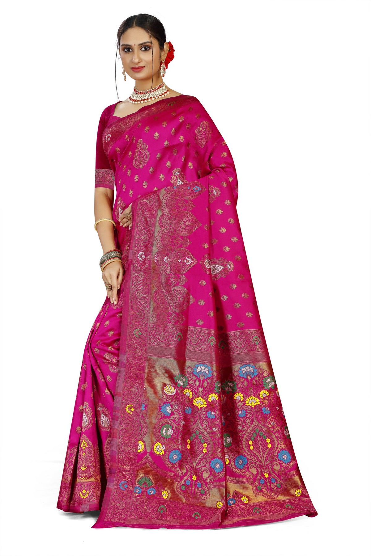 Paithani-style Art Silk Jacquard Saree with Peacock Pallu – Rani Pink