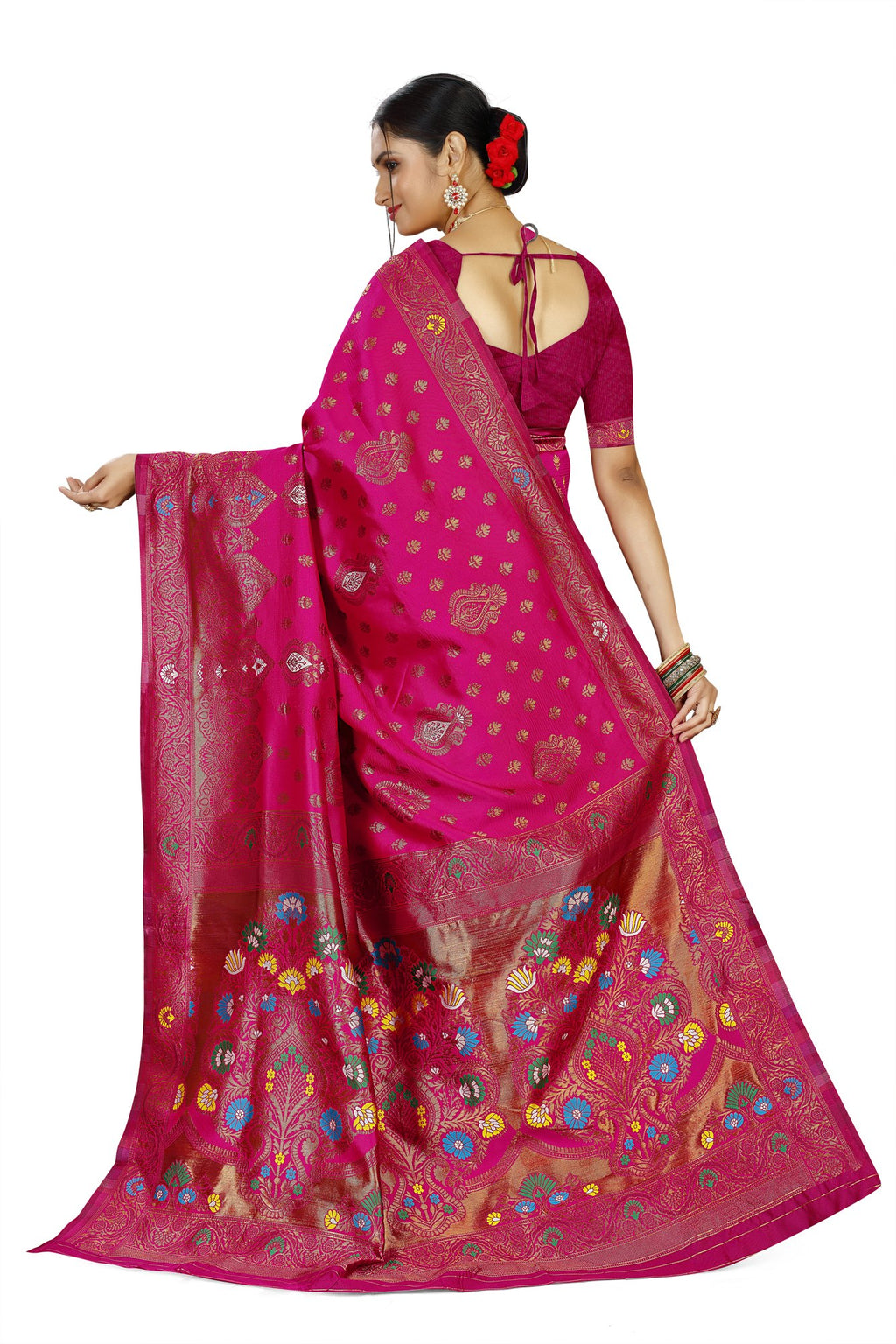 Paithani-style Art Silk Jacquard Saree with Peacock Pallu – Rani Pink
