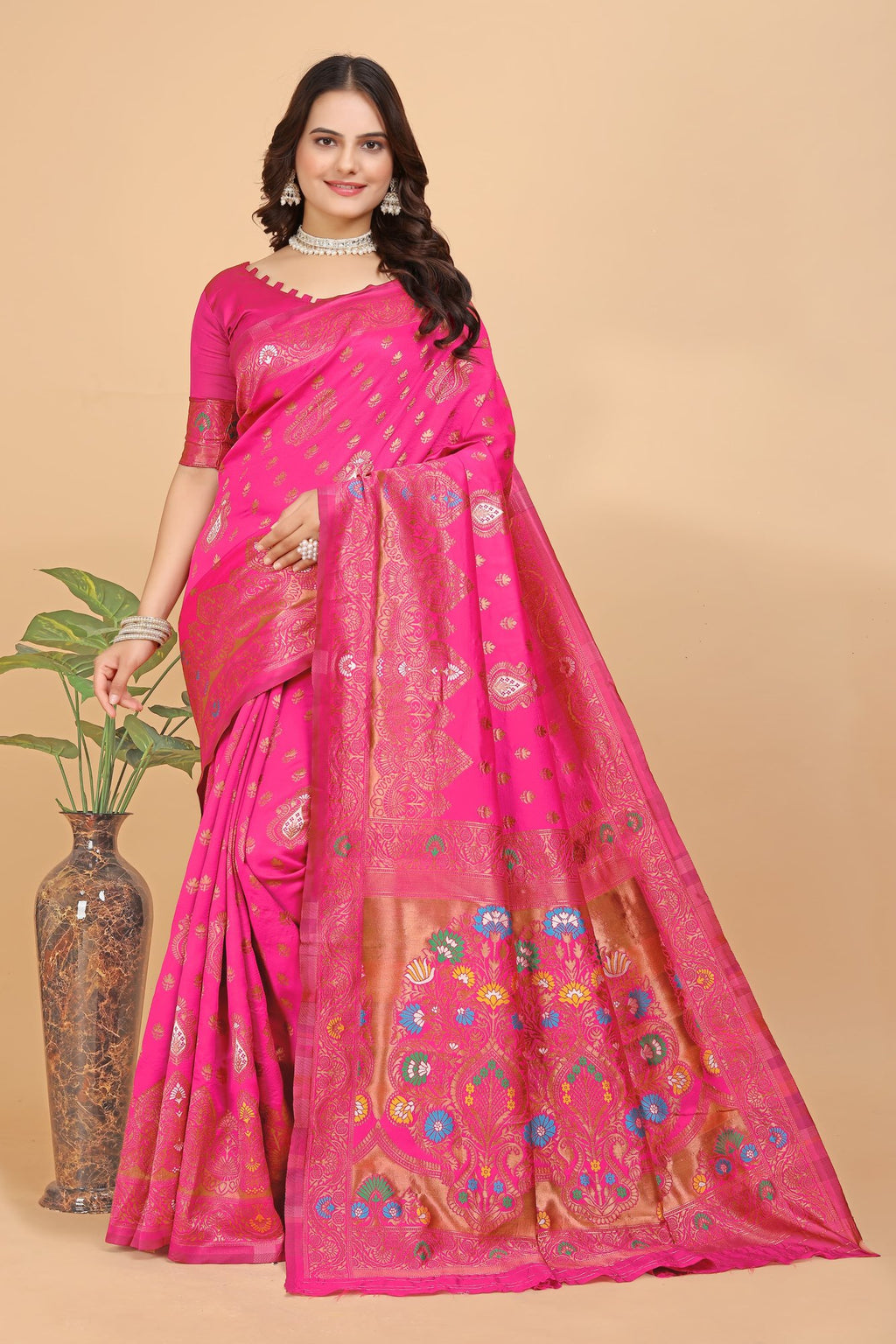 Paithani-style Art Silk Jacquard Saree with Peacock Pallu – Rani Pink
