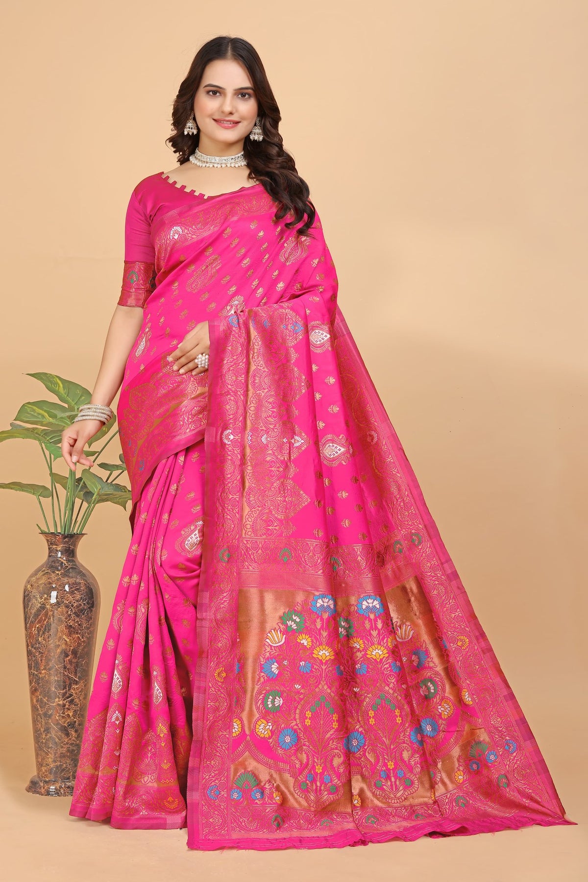 Paithani-style Art Silk Jacquard Saree with Peacock Pallu – Rani Pink