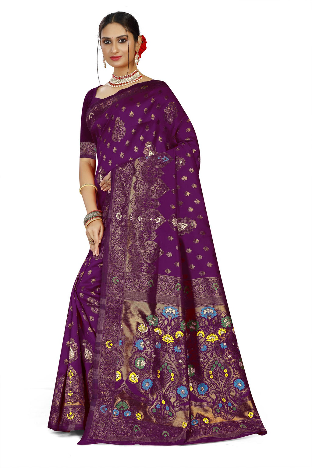 Paithani-style Art Silk Jacquard Saree with Peacock Pallu – Wine
