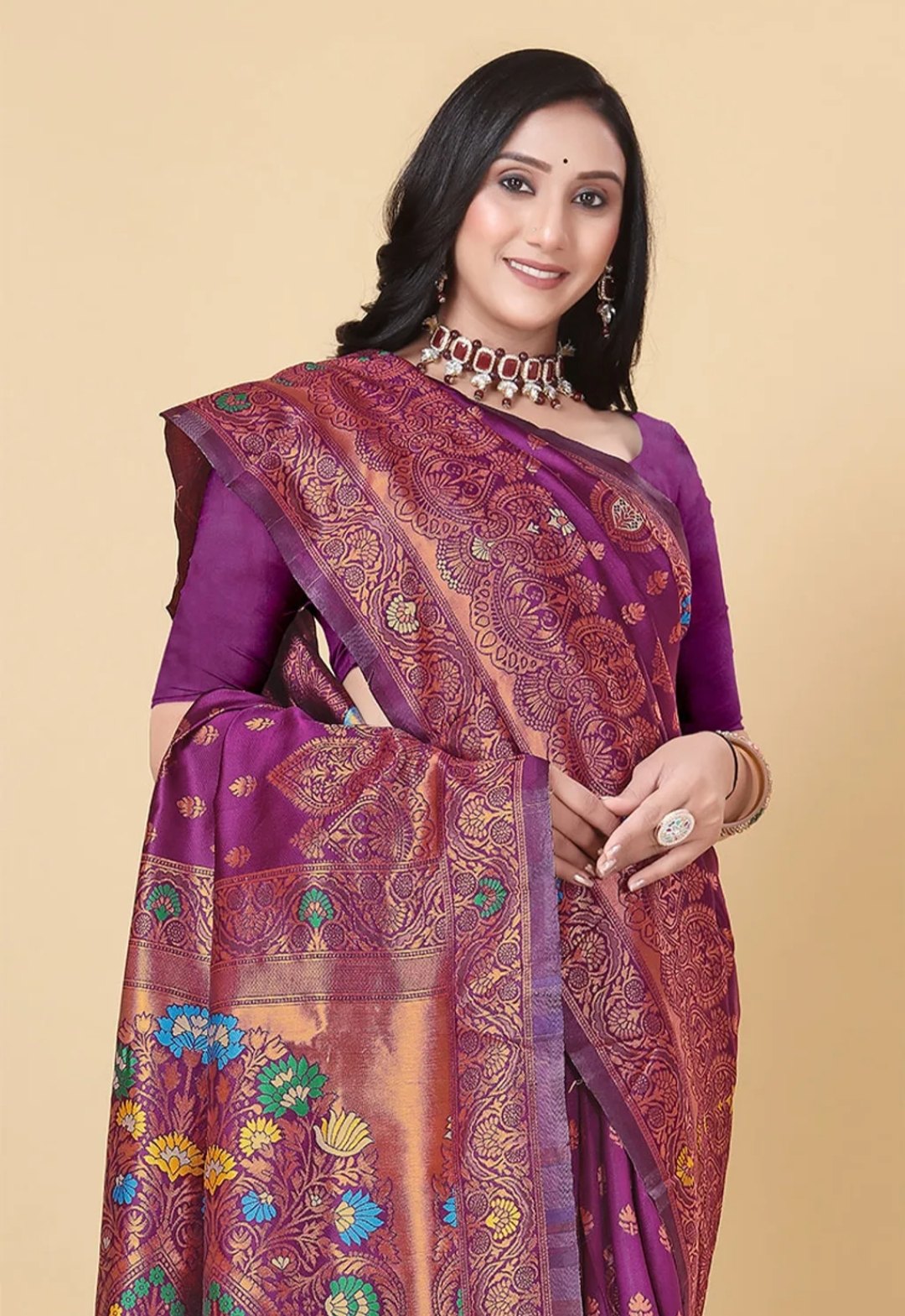 Paithani-style Art Silk Jacquard Saree with Peacock Pallu – Wine