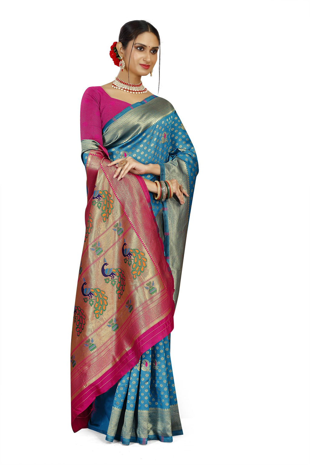 Paithani-style Art Silk Saree with Contrast Peacock Border – Ferozi