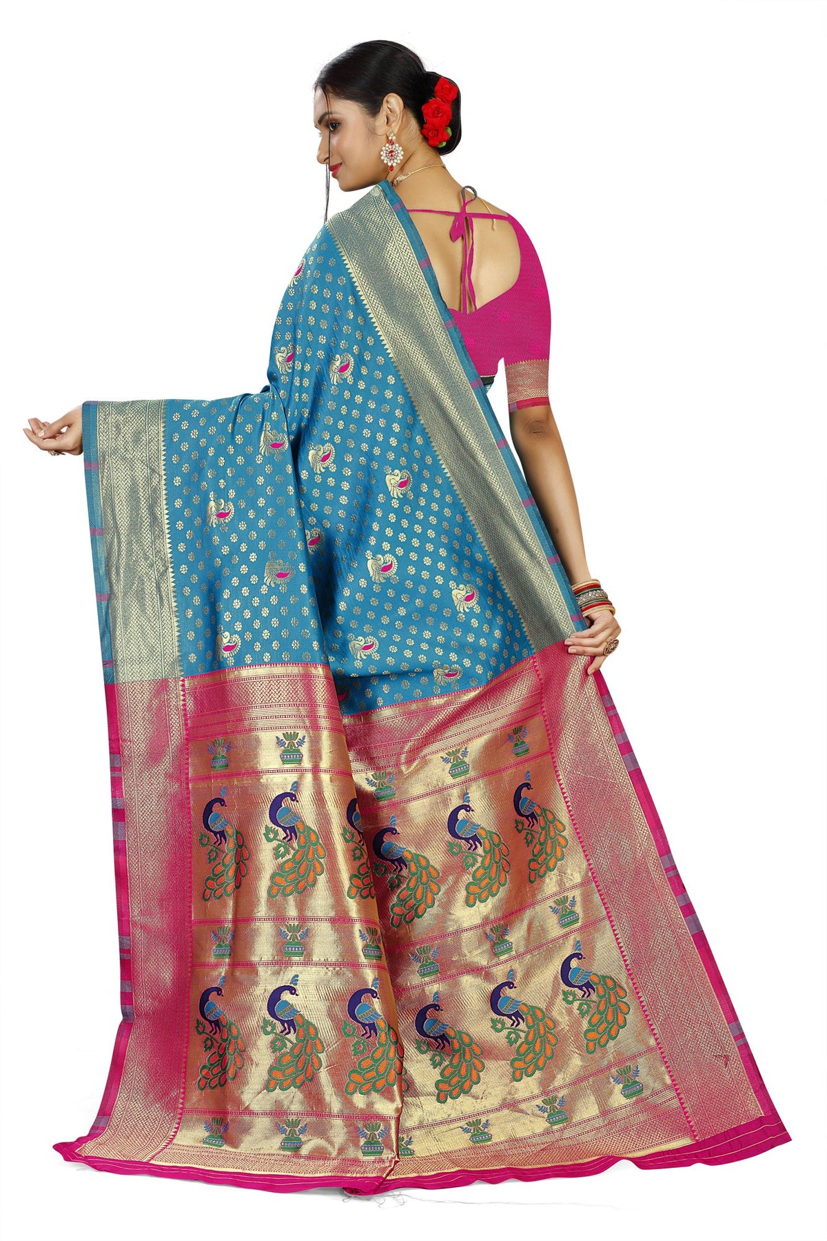 Paithani-style Art Silk Saree with Contrast Peacock Border – Ferozi