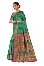 Paithani-style Art Silk Saree with Contrast Peacock Border – Green