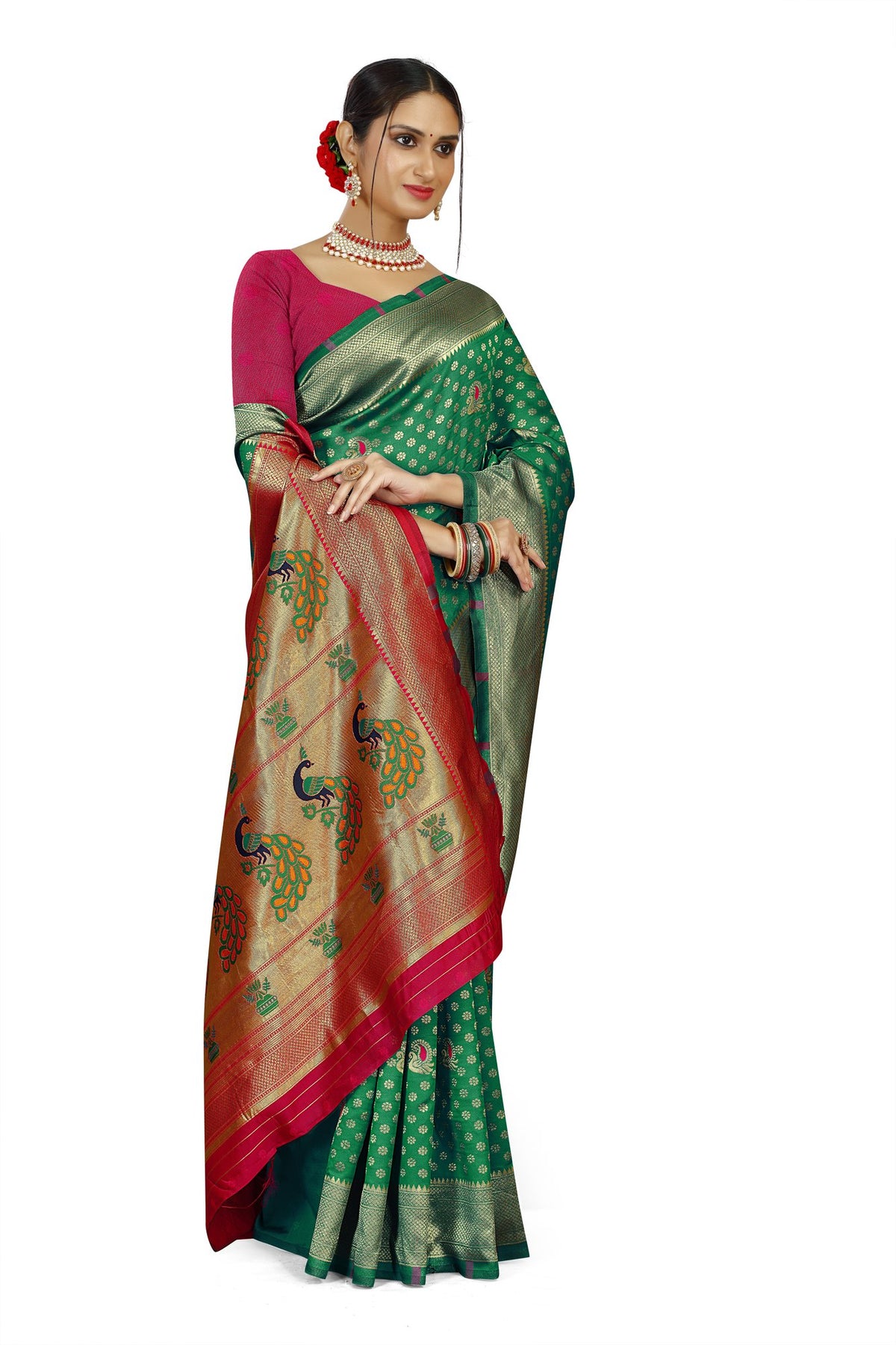 Paithani-style Art Silk Saree with Contrast Peacock Border – Green