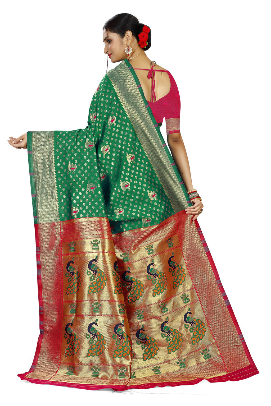 Paithani-style Art Silk Saree with Contrast Peacock Border – Green