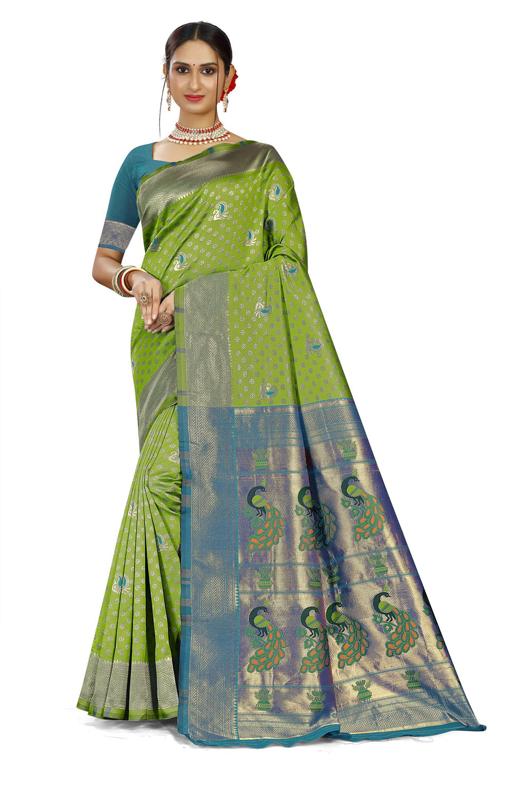 Paithani-style Art Silk Saree with Contrast Peacock Border – Parrot Green
