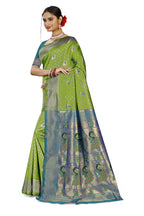 Paithani-style Art Silk Saree with Contrast Peacock Border – Parrot Green
