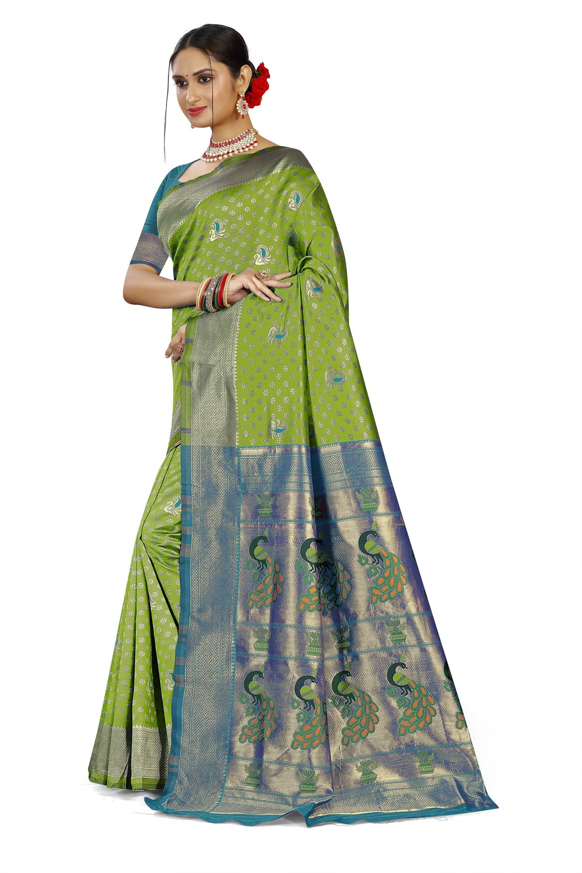 Paithani-style Art Silk Saree with Contrast Peacock Border – Parrot Green