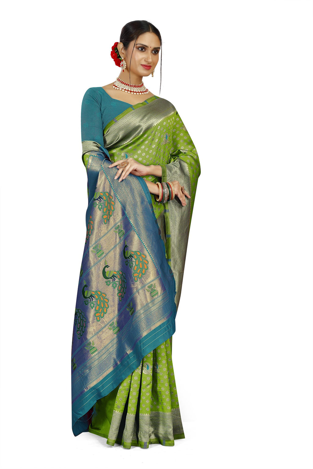 Paithani-style Art Silk Saree with Contrast Peacock Border – Parrot Green