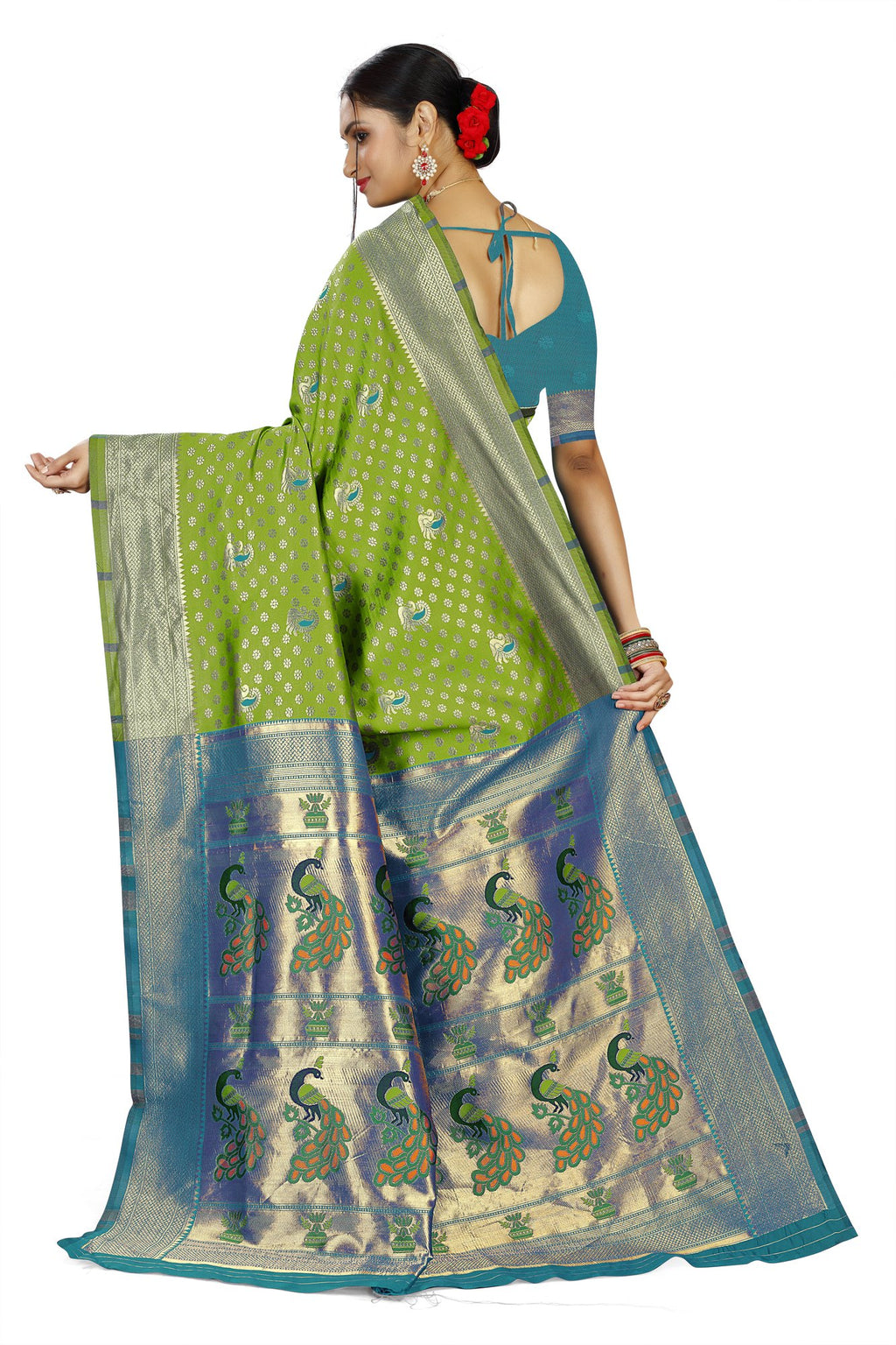 Paithani-style Art Silk Saree with Contrast Peacock Border – Parrot Green