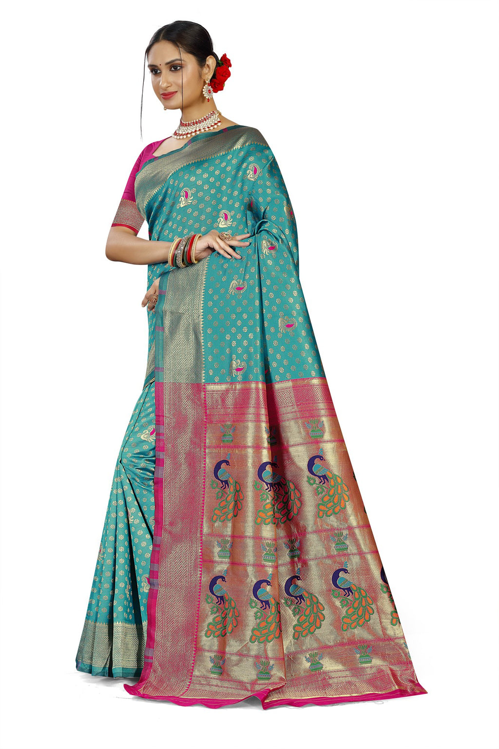 Paithani-style Art Silk Saree with Contrast Peacock Border – Rama Blue