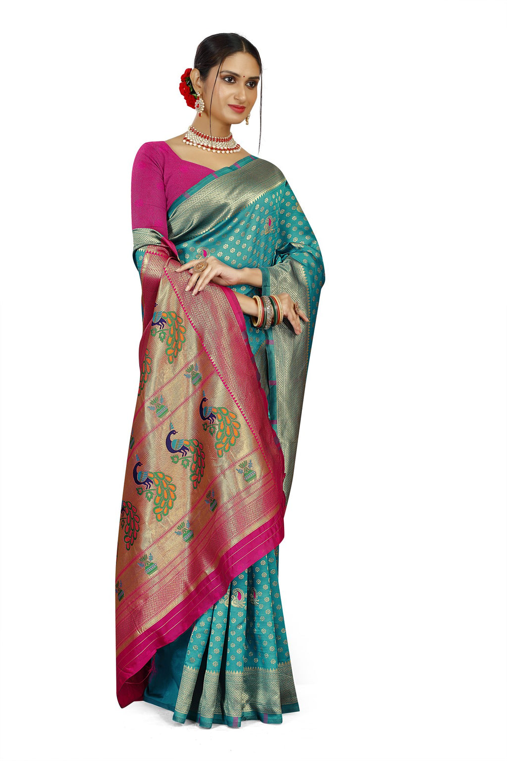 Paithani-style Art Silk Saree with Contrast Peacock Border – Rama Blue