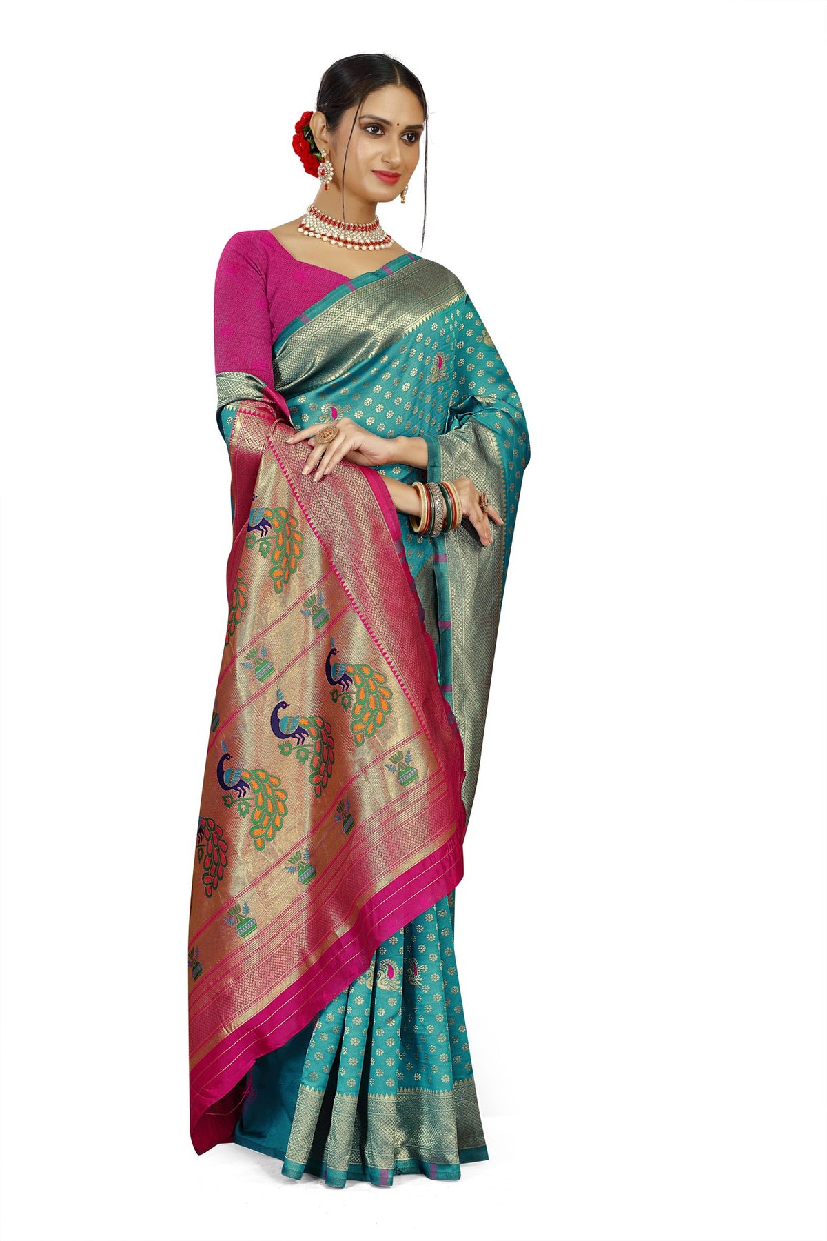 Paithani-style Art Silk Saree with Contrast Peacock Border – Rama Blue