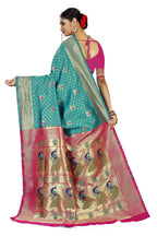 Paithani-style Art Silk Saree with Contrast Peacock Border – Rama Blue