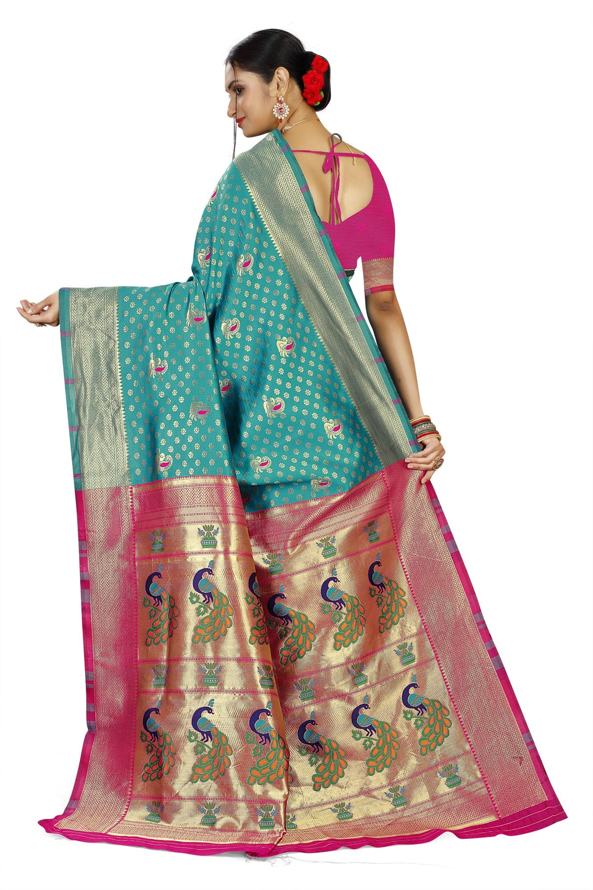 Paithani-style Art Silk Saree with Contrast Peacock Border – Rama Blue