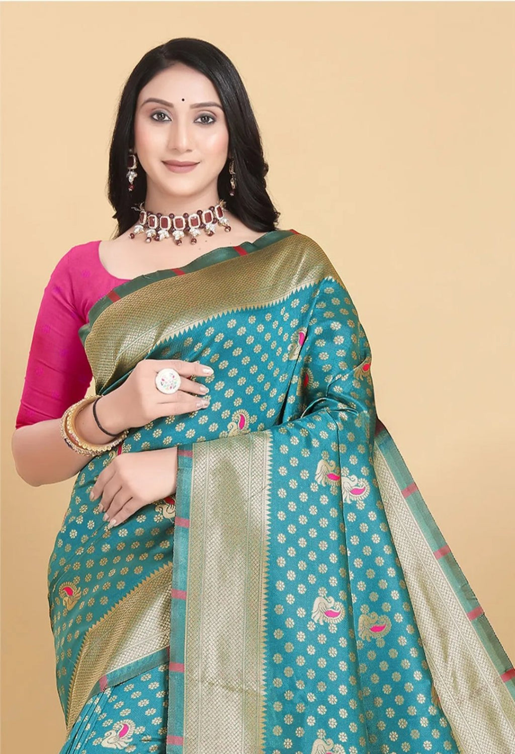 Paithani-style Art Silk Saree with Contrast Peacock Border – Rama Blue
