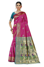 Paithani-style Art Silk Saree with Contrast Peacock Border – Rani Pink