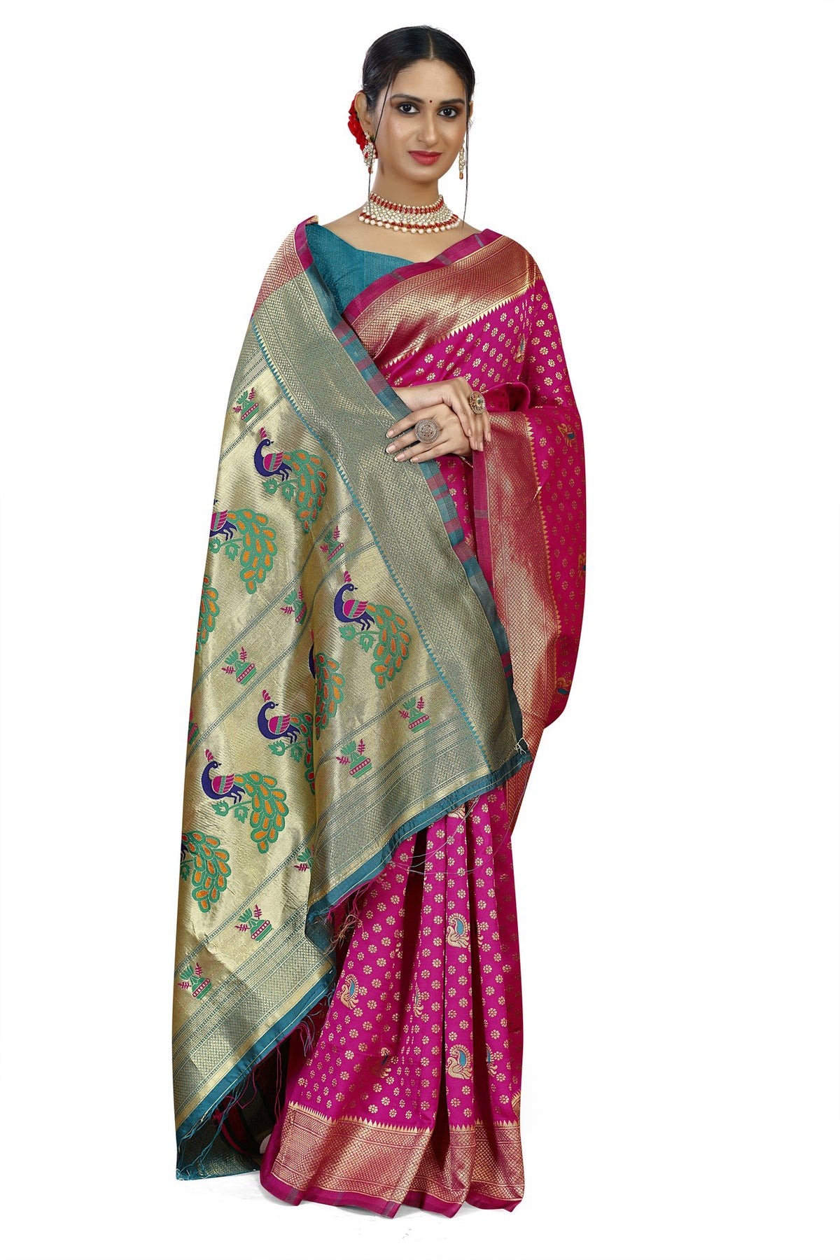 Paithani-style Art Silk Saree with Contrast Peacock Border – Rani Pink