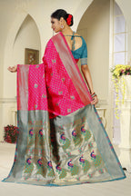 Paithani-style Art Silk Saree with Contrast Peacock Border – Rani Pink