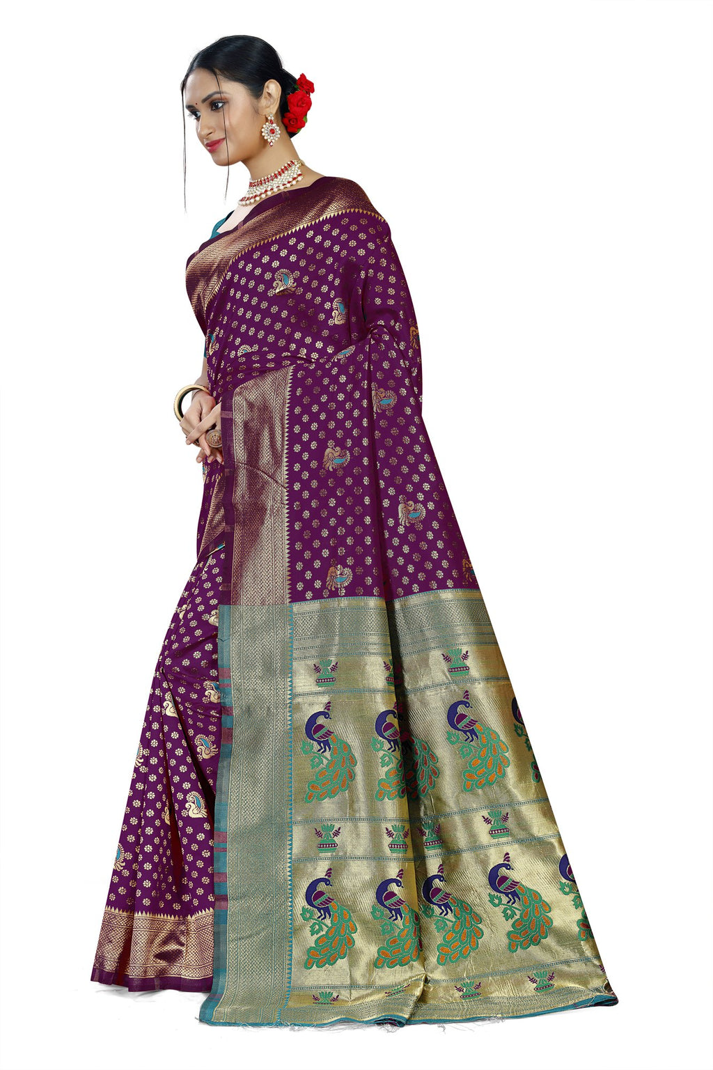 Paithani-style Art Silk Saree with Contrast Peacock Border – Wine