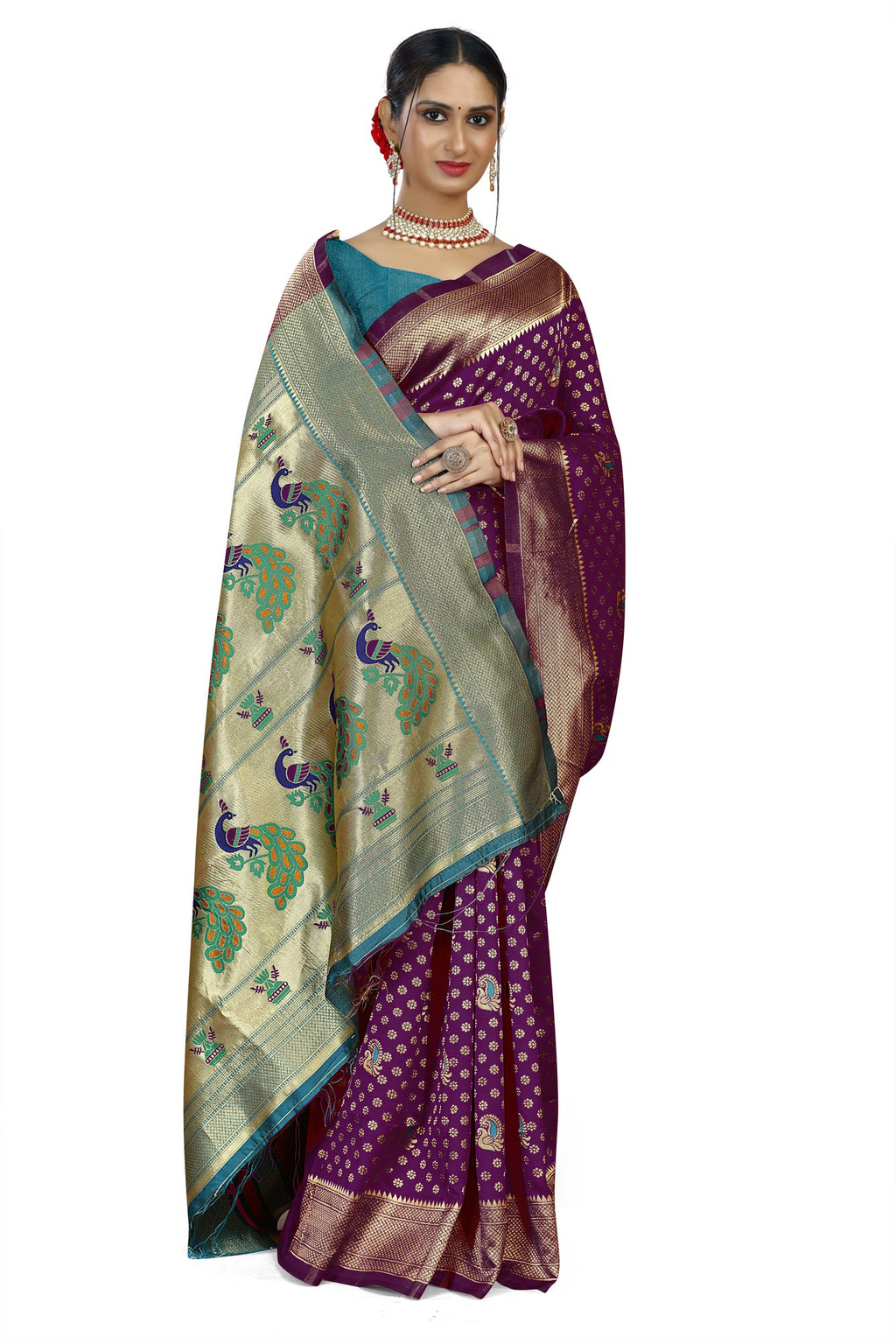 Paithani-style Art Silk Saree with Contrast Peacock Border – Wine