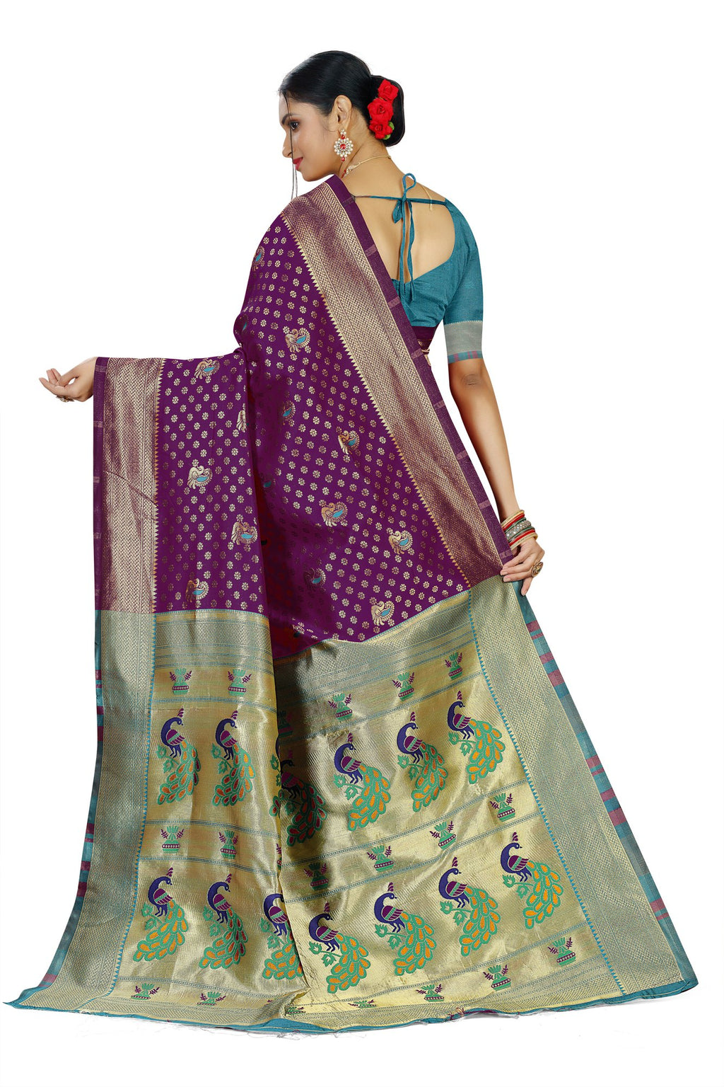 Paithani-style Art Silk Saree with Contrast Peacock Border – Wine