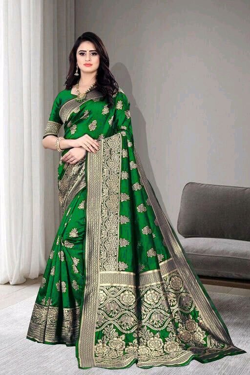 Banarasi-look Green Art Silk Jacquard Saree – Green