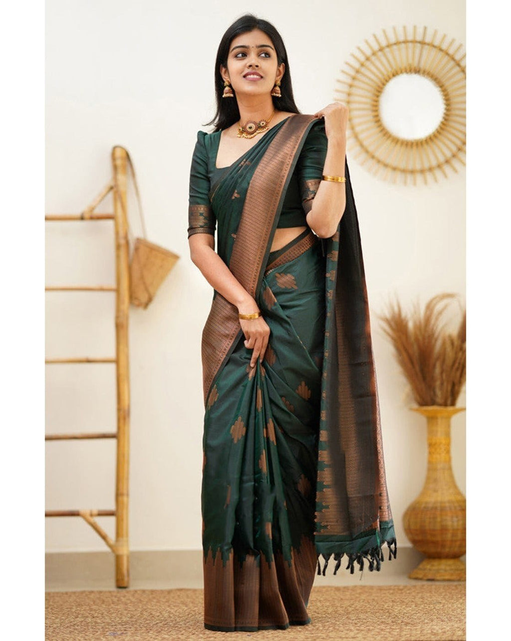 Lichi Art Silk Saree with Copper Zari Weave – Bottle Green