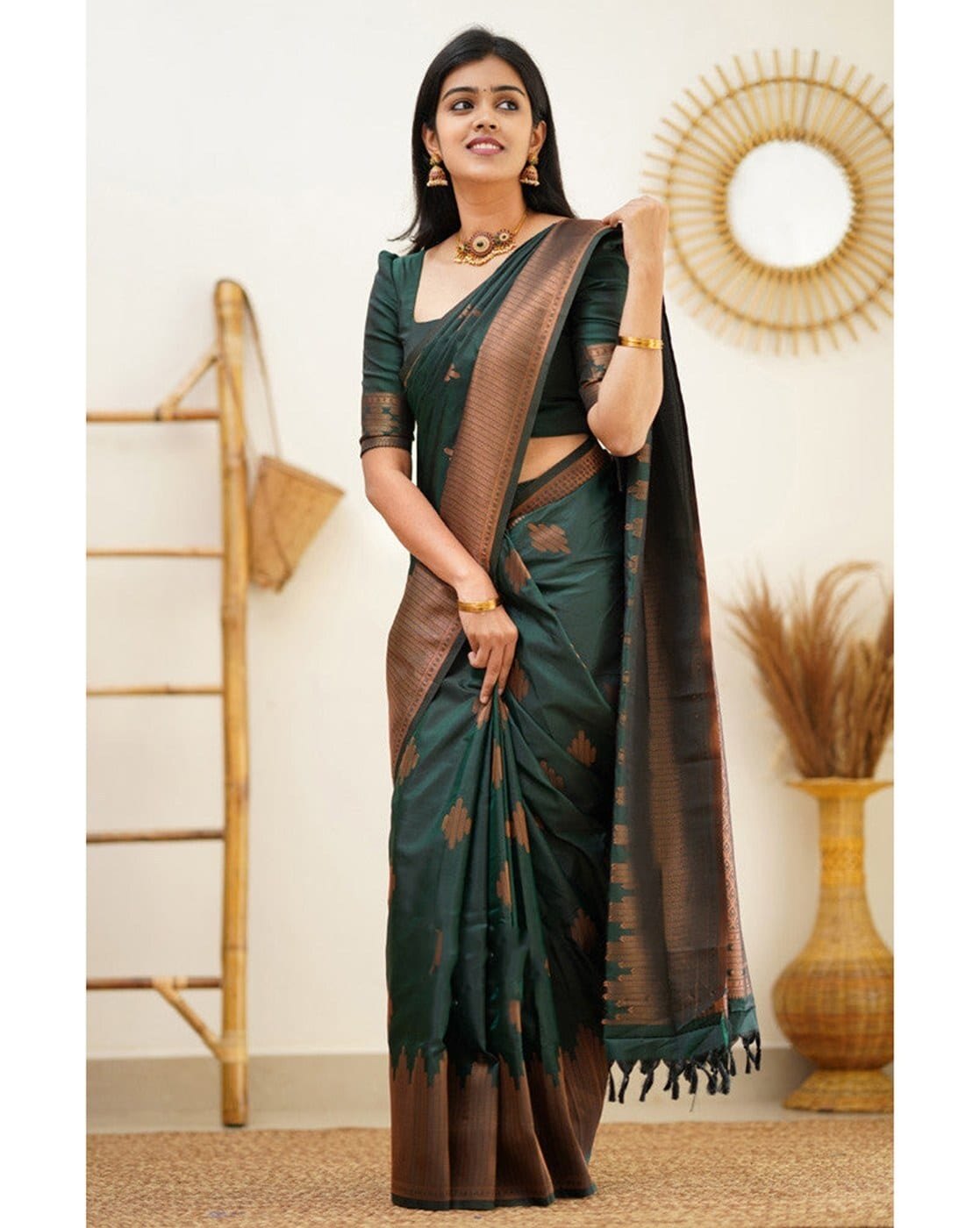 Lichi Art Silk Saree with Copper Zari Weave – Bottle Green