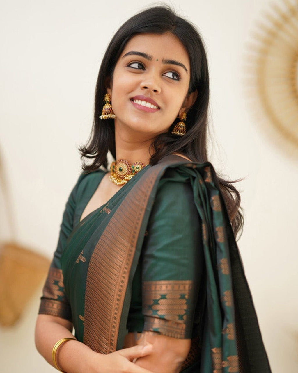 Lichi Art Silk Saree with Copper Zari Weave – Bottle Green