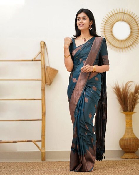 Lichi Art Silk Saree with Copper Zari Weave – Morpichh (Peacock Blue)