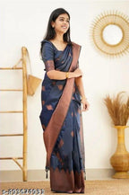 Lichi Art Silk Saree with Copper Zari Weave – Navy Blue