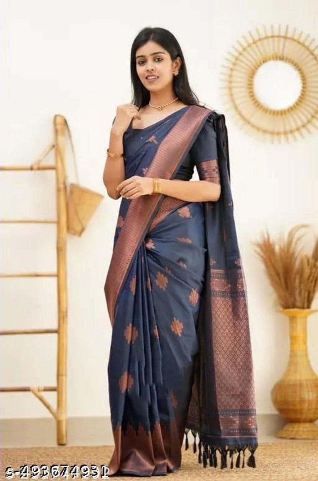 Lichi Art Silk Saree with Copper Zari Weave – Navy Blue
