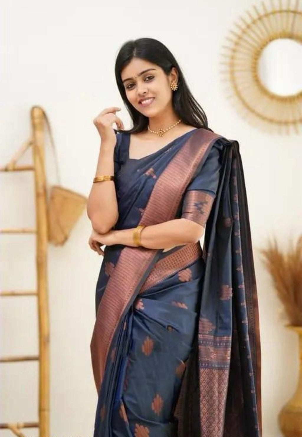 Lichi Art Silk Saree with Copper Zari Weave – Navy Blue