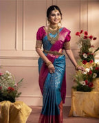 Kanjivaram-style Blue Art Silk Saree with Rani Border – Blue with Rani Border