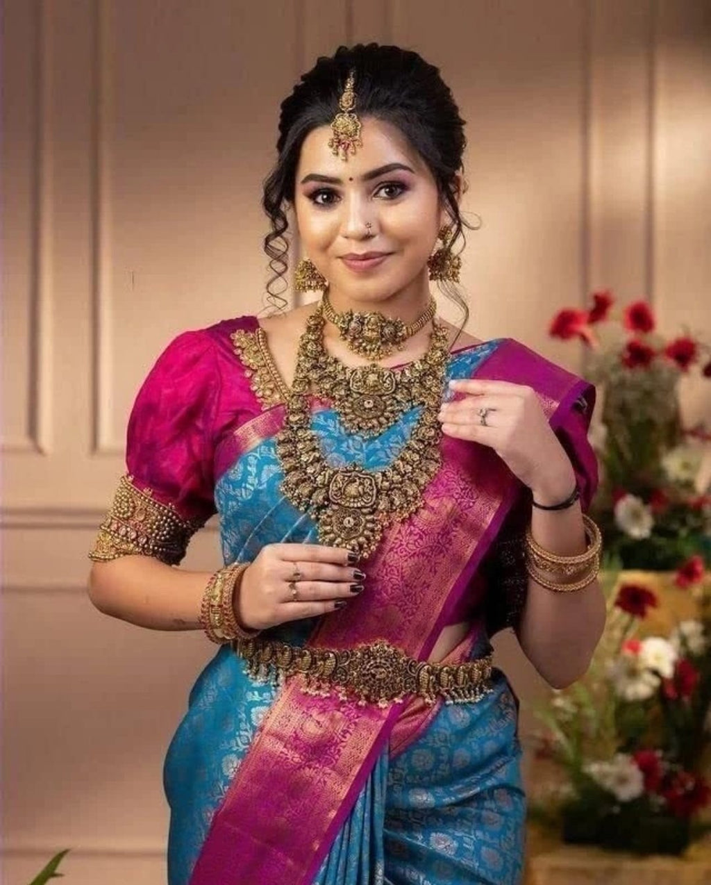 Kanjivaram-style Blue Art Silk Saree with Rani Border – Blue with Rani Border